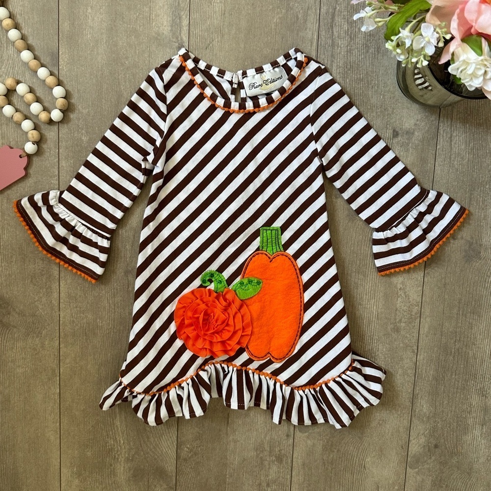 Rare Editions Toddler Girls Striped 3D Pumpkin Dress Flare Sleeves Pom Pom 2T